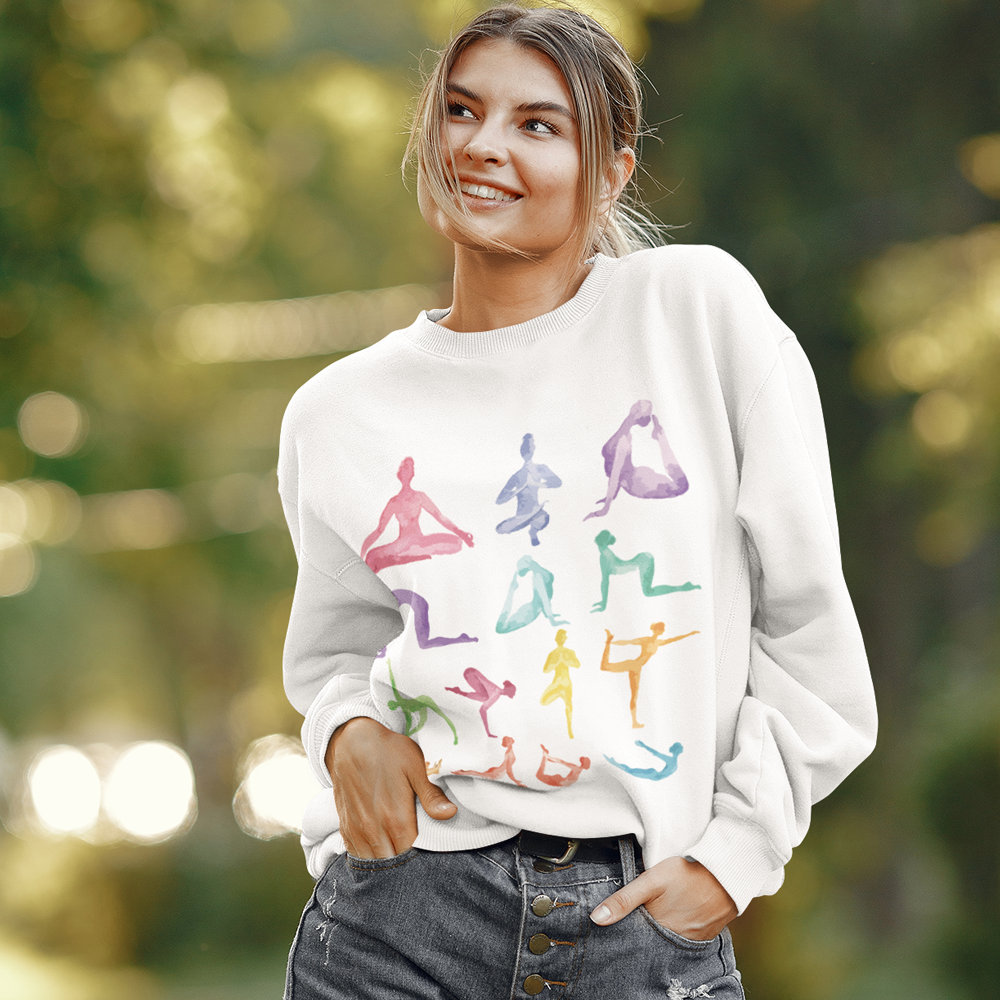 Yoga-themed crewneck sweatshirt with a peaceful design, featuring a serene yoga pose graphics and calming elements. 