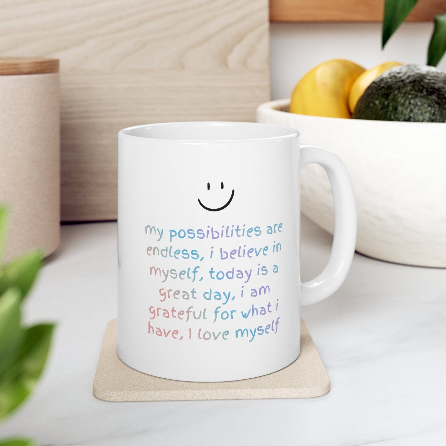 Taza con recordatorio de afirmaciones positivas