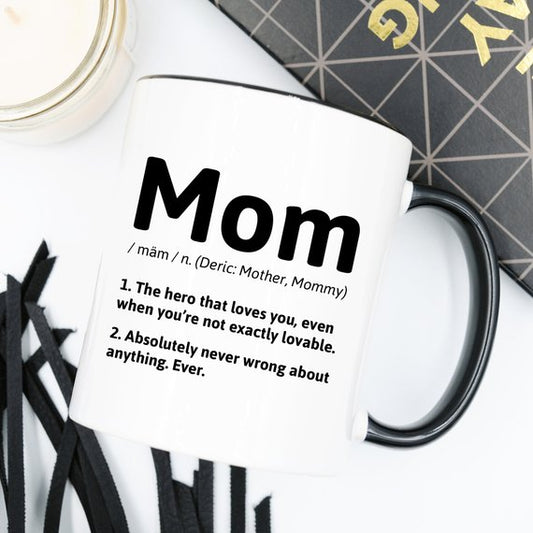 A white ceramic mug with the words "Mom Definition" printed in elegant black text, defining the role of a mother with heartfelt phrases. The mug symbolizes love, appreciation, and inspiration, making it a perfect gift for moms.